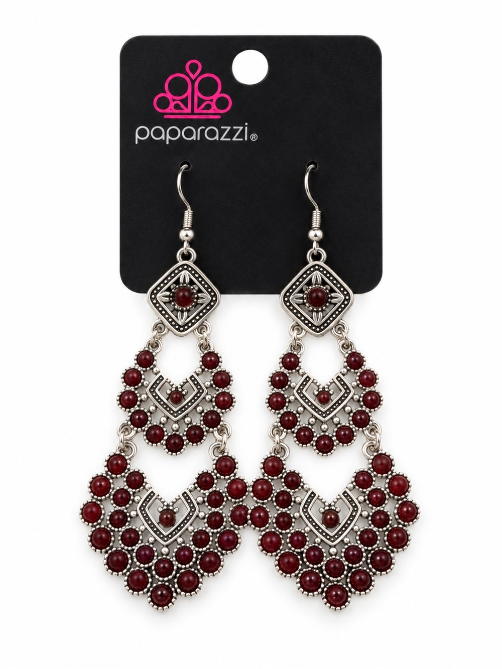 Paparazzi Silver and Burgundy Tiered Chandelier Earrings